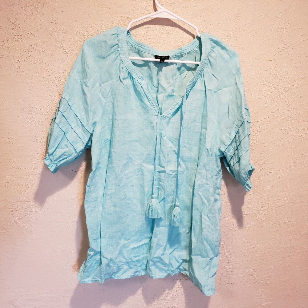Talbots Blue Tassel Tie Neck Short Sleeve Linen Blouse Large